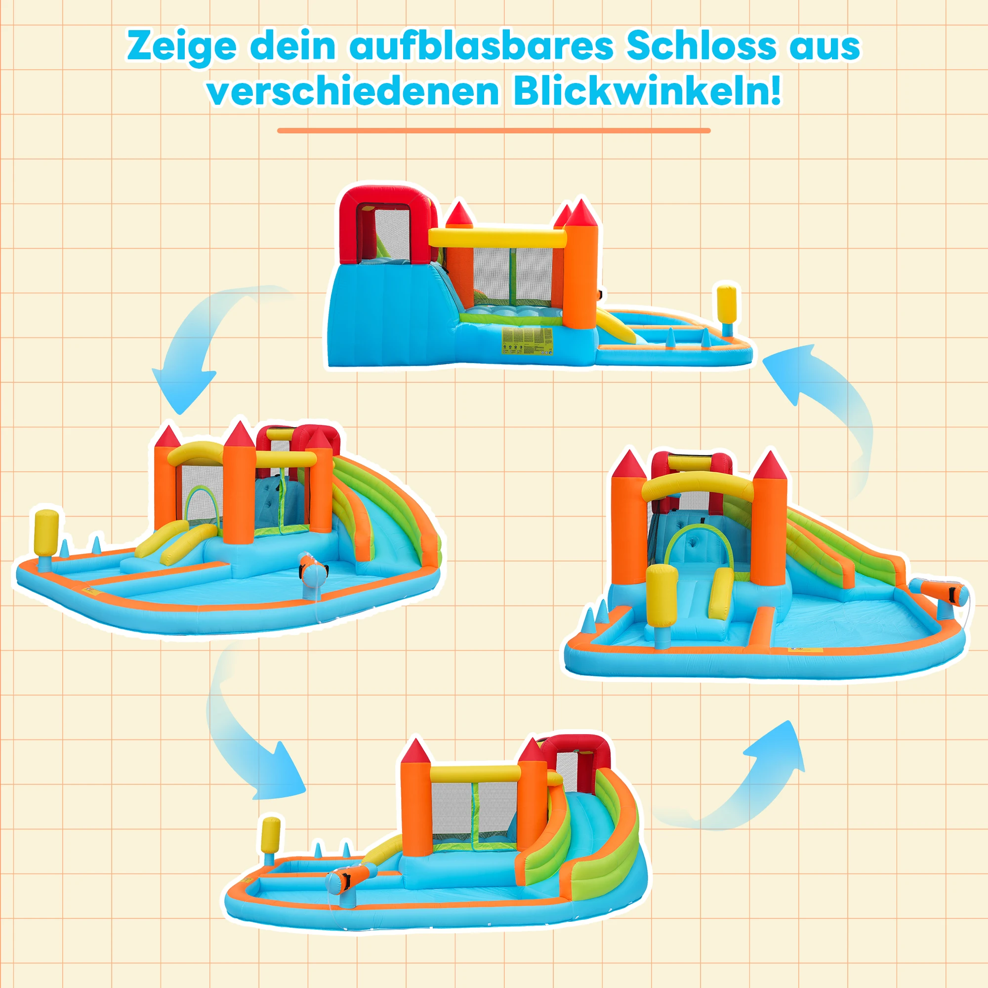 Multifunktionales aufblasbares Outdoor-Hüpfhaus mit Gebläse, Wasserrutsche, Trampolin, Basketballkorb und 2 Poolbereichen für trockene Nutzung. – Detail 9