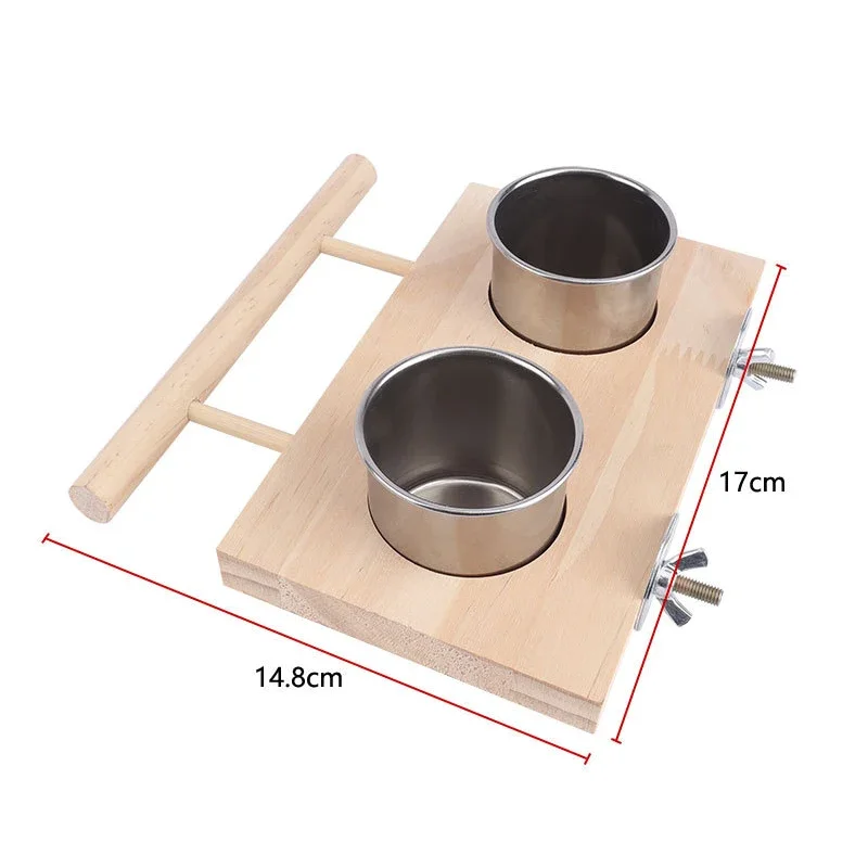 1 Pc Stainless Steel Bird Bowl Feeding Dish Cups Wooden Perch Stand Parrot Cage Feeder for Pet Birds Cockatiels Lovebird Conures
