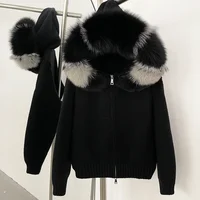 Coat Women Cardigan Natural Fox Fur Coat Women Real Mongolian Fur Knitwear Female Spring Autumn Hooded Knitted Fur Jacket