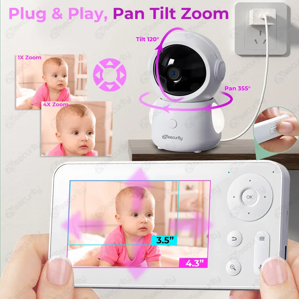 2K 3MP WiFi Baby Monitor with Two Camera Split-Screen Baby Phone via APP Control & 4.3" IPS Screen Auto Tracking PTZ Camera wireless baby monitor video baby monitor