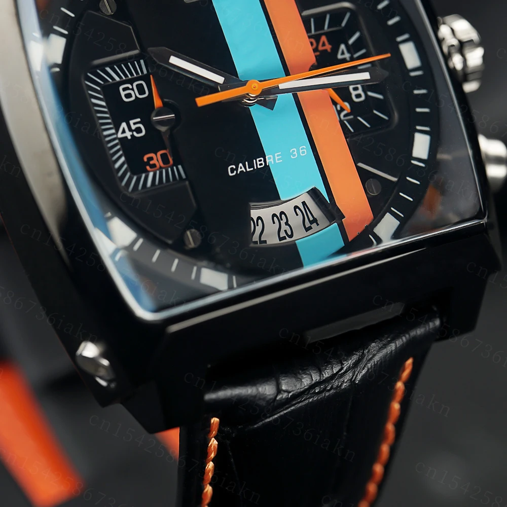 2022Fashion New Men's Color Bar Square Dial Sapphire Mirror Stainless Steel Leather Strap Sports Leisure Waterproof Quartz Watch