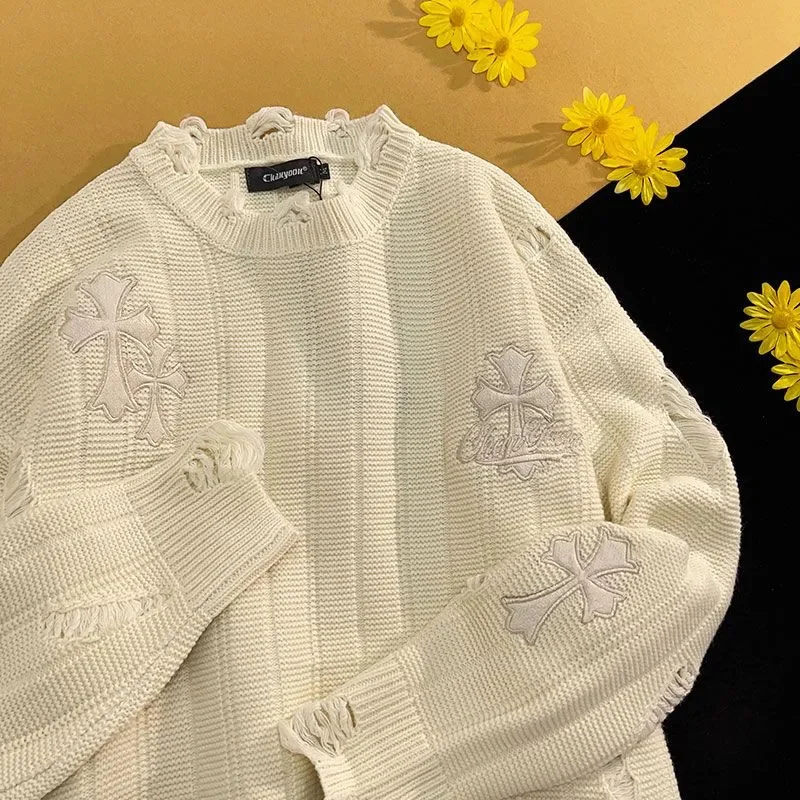 

Cross pattern design pullover sweaters women vintage embroidery loose ripped sleeves Y2K tops warm knitted 2023 winter pullover