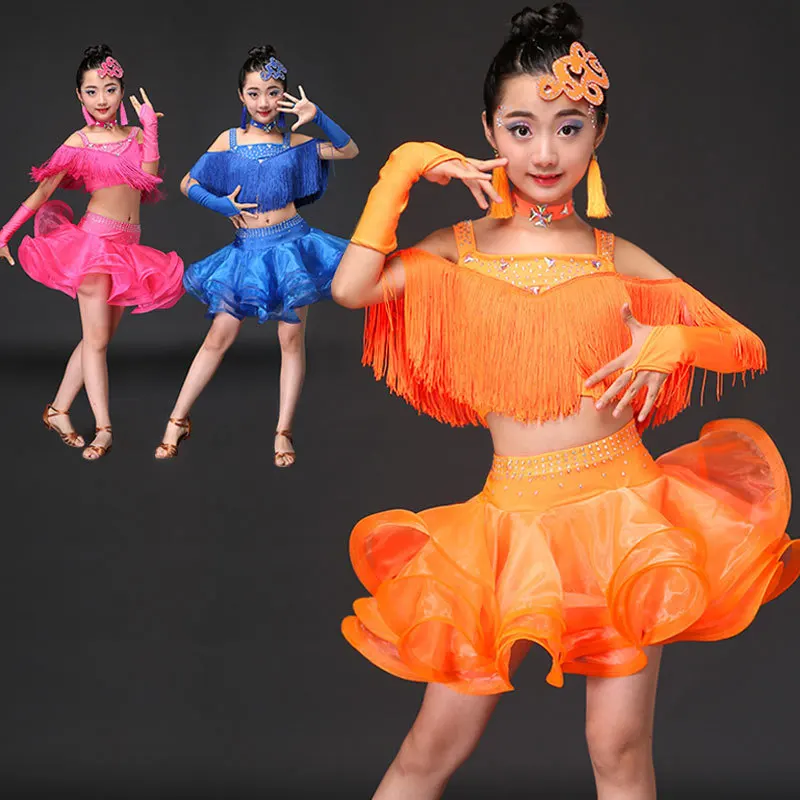 

Cheese salon dresses Fringe skirt Kids professional dancing Latin dress for girls Salsa Cha Samba Tango