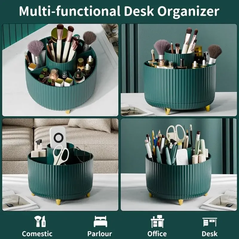 1pc 360°Rotating Makeup Organizer Storage Elegant Stripe Makeup Brushes Holder 5-Compartment Cosmetic Holder for Vanity Bathroom 4