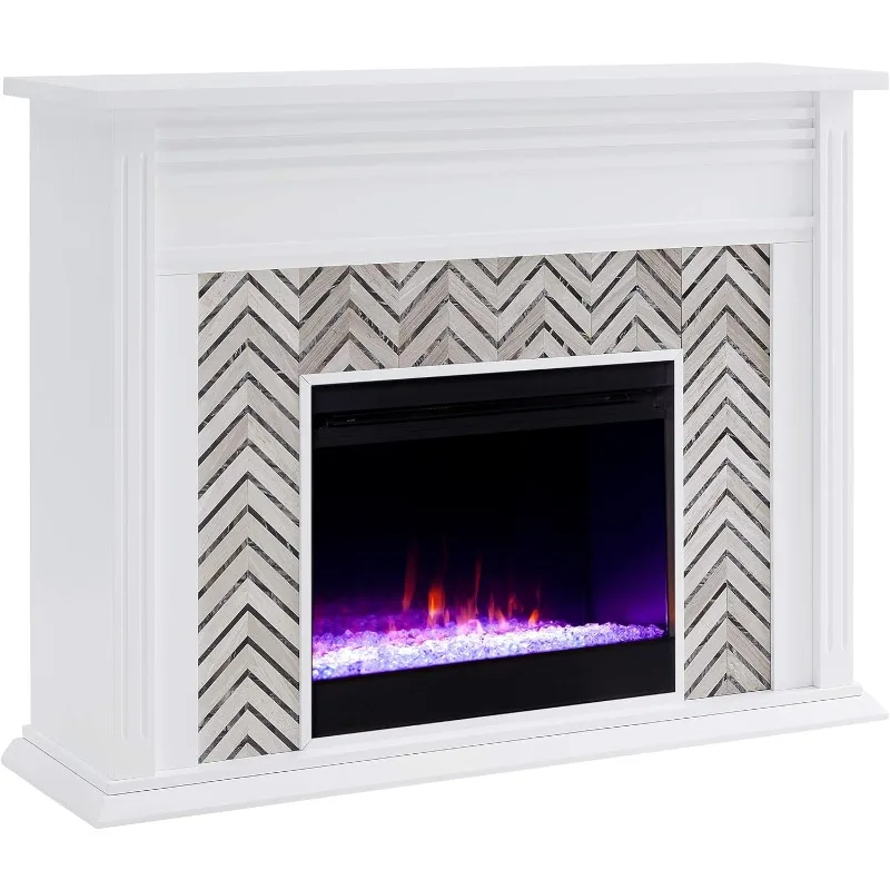 

White-Gray SEI Furniture Hebbington Carrara Marble Tiled Color Changing Electric Fireplace, Contemporary Style,Classic,Led Flame
