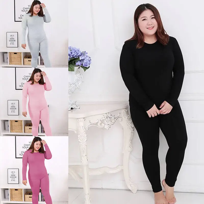 

Winter Women Thermal Underwear Set Plus Size Fleece-lined Underwear Long Johns Solid Coloured Ladies Pyjama Kit Loungewear