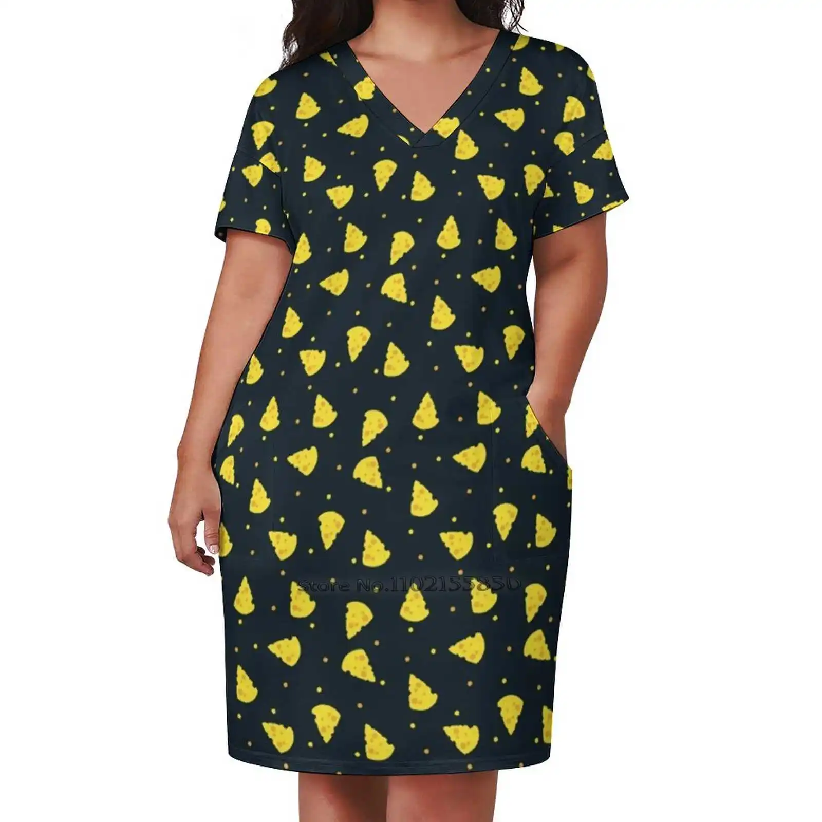 

Blocks Of Cheese And Polka Dots Loose Pocket Dress Women Casual V Neck Dress Printed Dress Cheese Cheeses Food Foodie Block Of