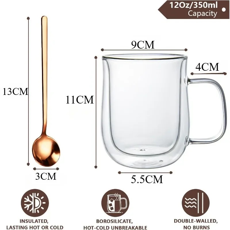 NNXHWY 2 Tazze da caffè in Vetro a Doppia Parete, Tazza da caffè in Doppio Vetro da 300 Ml, Tazza da tè in Vetro Trasparente Natalizio, Tazza da caffè Estetica con Manici
