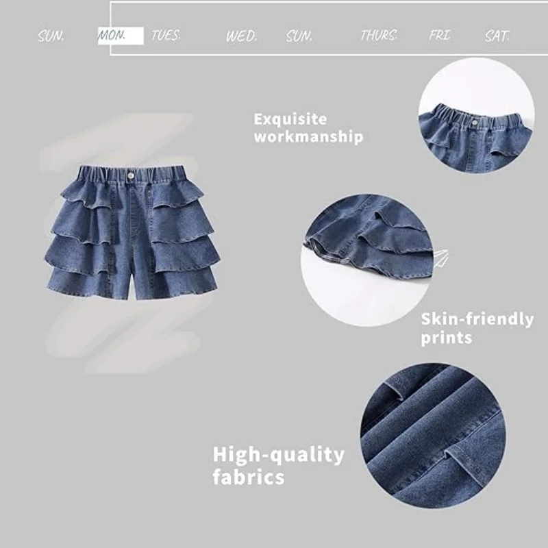 Kids Girls Jean Shorts Loose Fit Soft Cotton Comfy Ruffle Children Pull On Denim Shorts-Ages 4 to 14