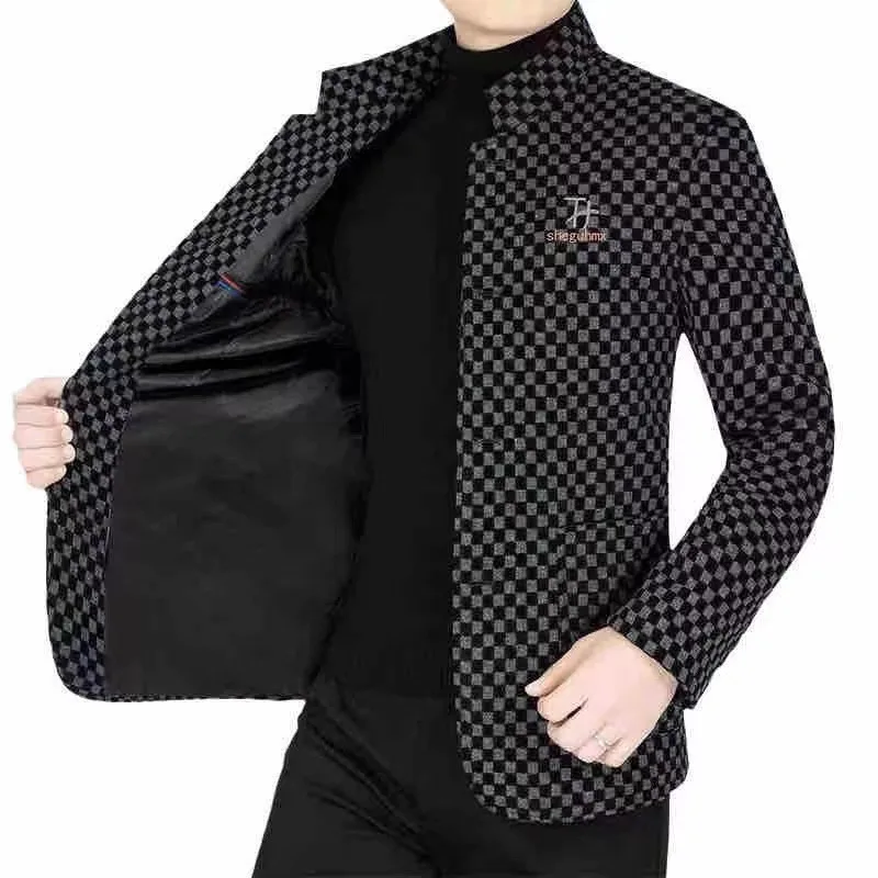 Men's Blazers Business Casual Stand Collar Woolen Jacket Classic Plaid Retro Versatile Tops Streetwear Coats
