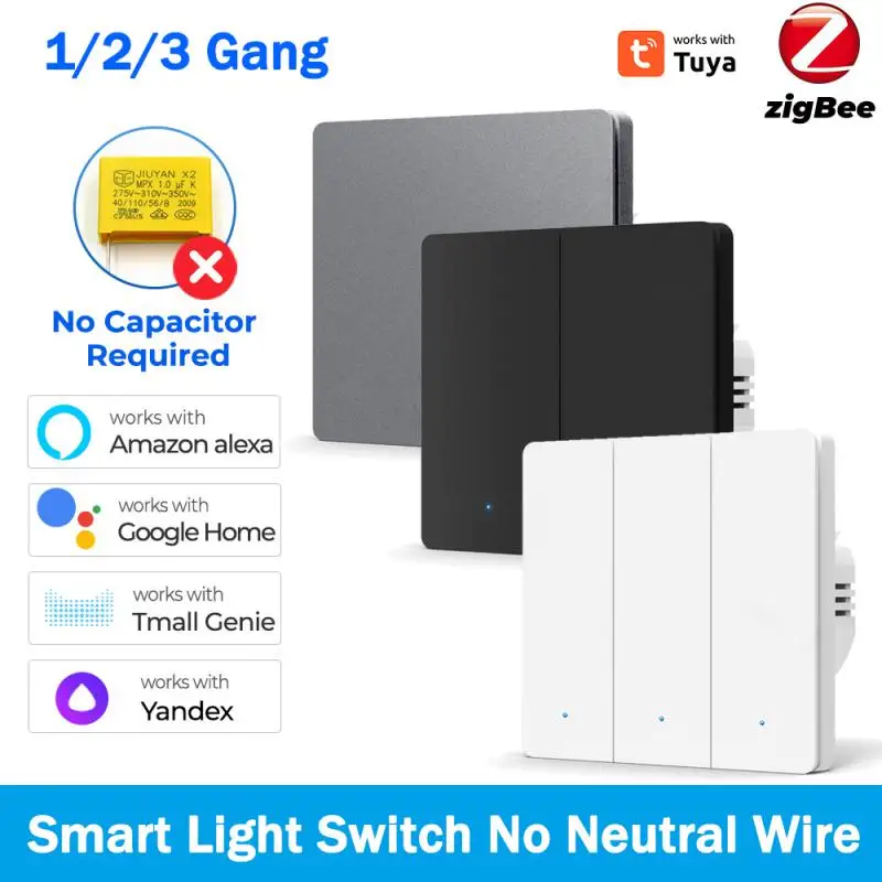 

1/2/3Gang Tuya Zigbee Smart Light Switch No Neutral Wire No Capacitor Push Button Switch Smart Life Works With Alexa Google Home