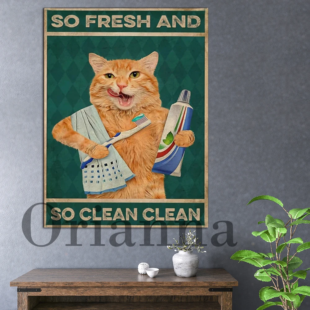

Funny Cat Wash Towel Toothbrush Toothpaste Vintage Prints Poster Modern Home Living Room Bathroom Decor Painting Cat Lover Gift