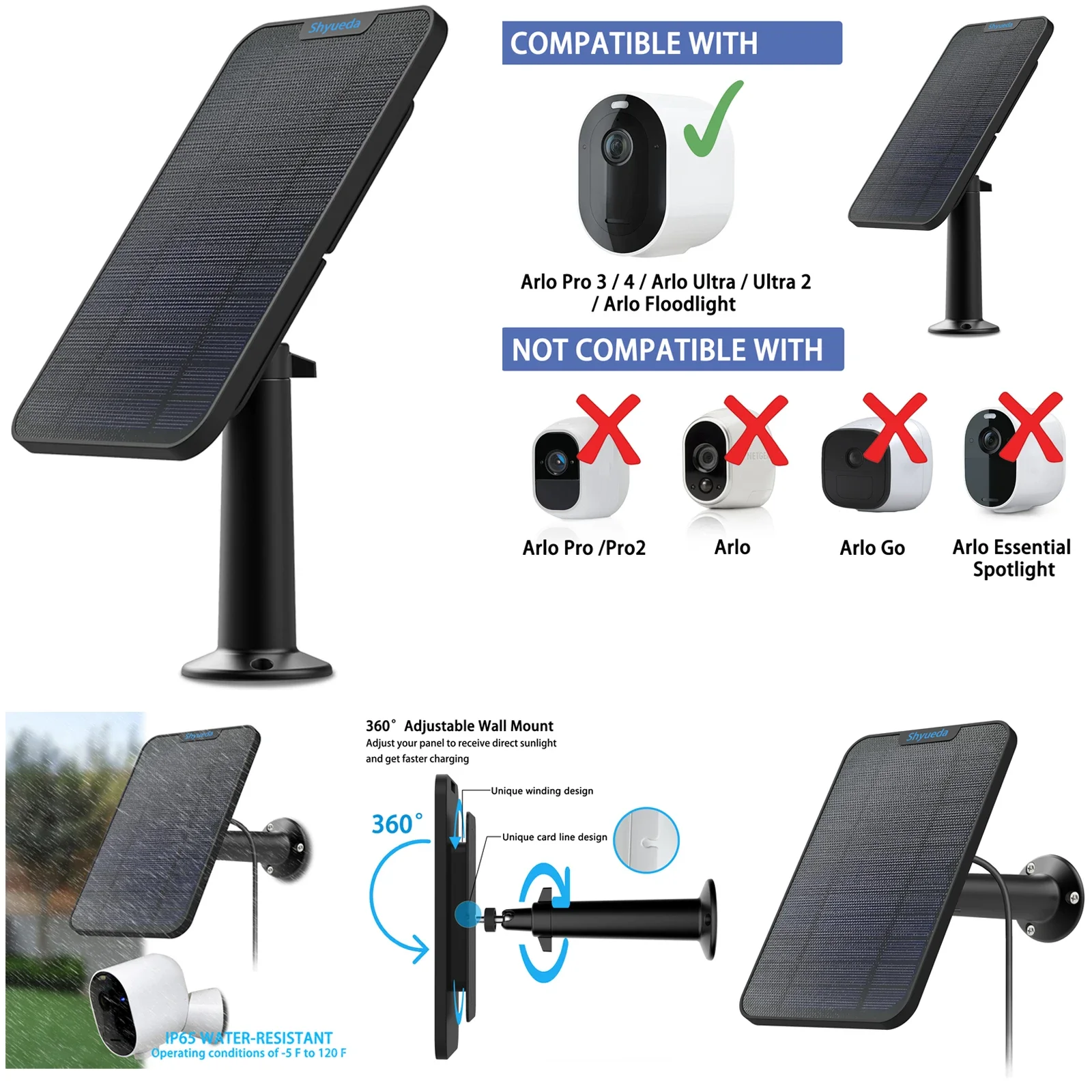 New 4W Solar Panel Charging for Arlo Ultra/Ultra 2/Pro 3/Pro 4/Go 2/PRO 5S Cable Mount （Black）