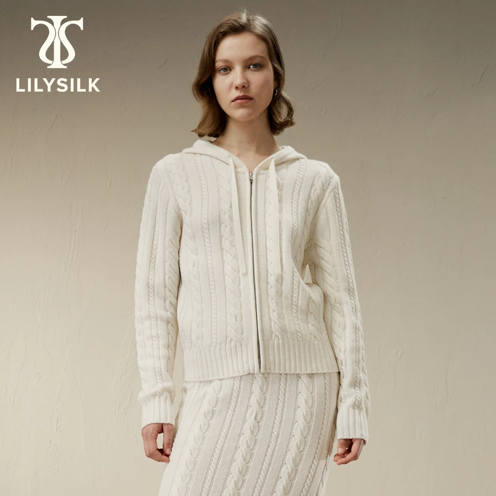 LILYSILK Wool-Cashmere Blend Hoodie for Women 2023 Fall New Cable-Knit Long Sleeve Embroideried Sweater Zip Up Free Shipping cable cashmere modern charcoal плед