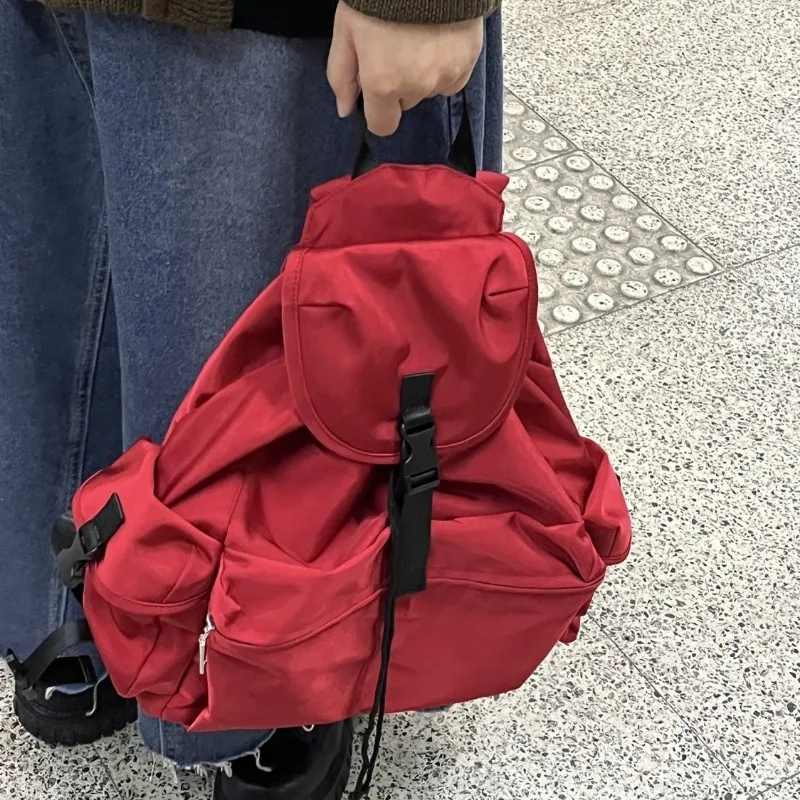 MBTI-Sac à Dos Vintage Rouge avec Poches en Nylon pour Femme, Sacoche Multifonctionnelle de Styliste, pour Étudiants, Solide, pour Document