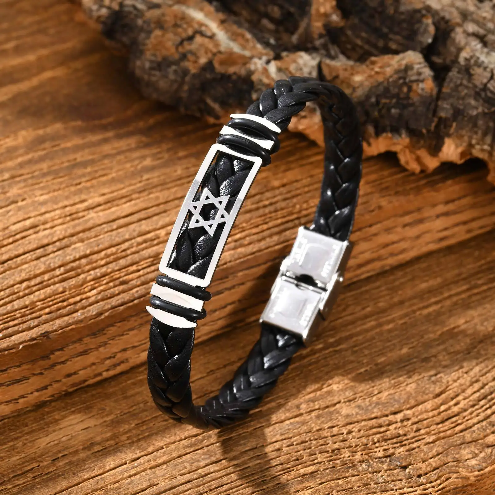 Hexagonal Star Leather Bracelet for Men,Black PU Woven Leather Wristband,Trendy Jewelry Gift