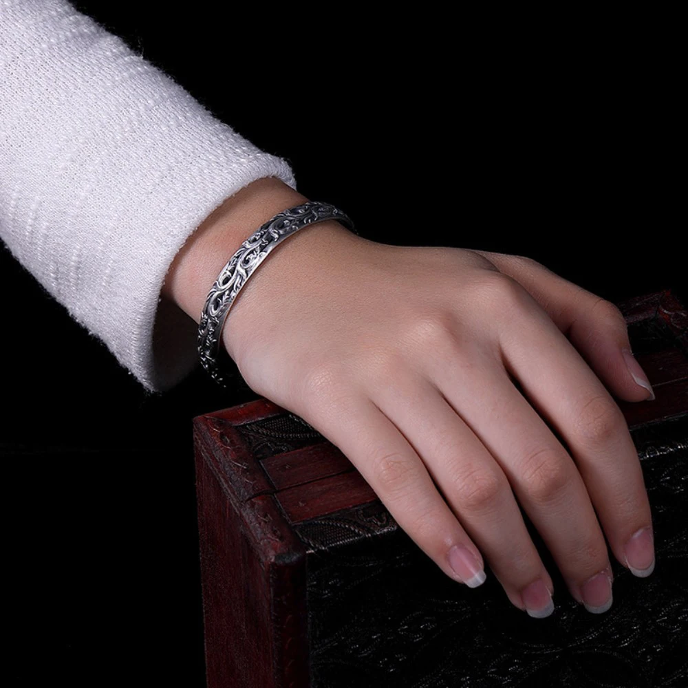 S925 Sterling Silver Bracelet for Women Men Retro Antique