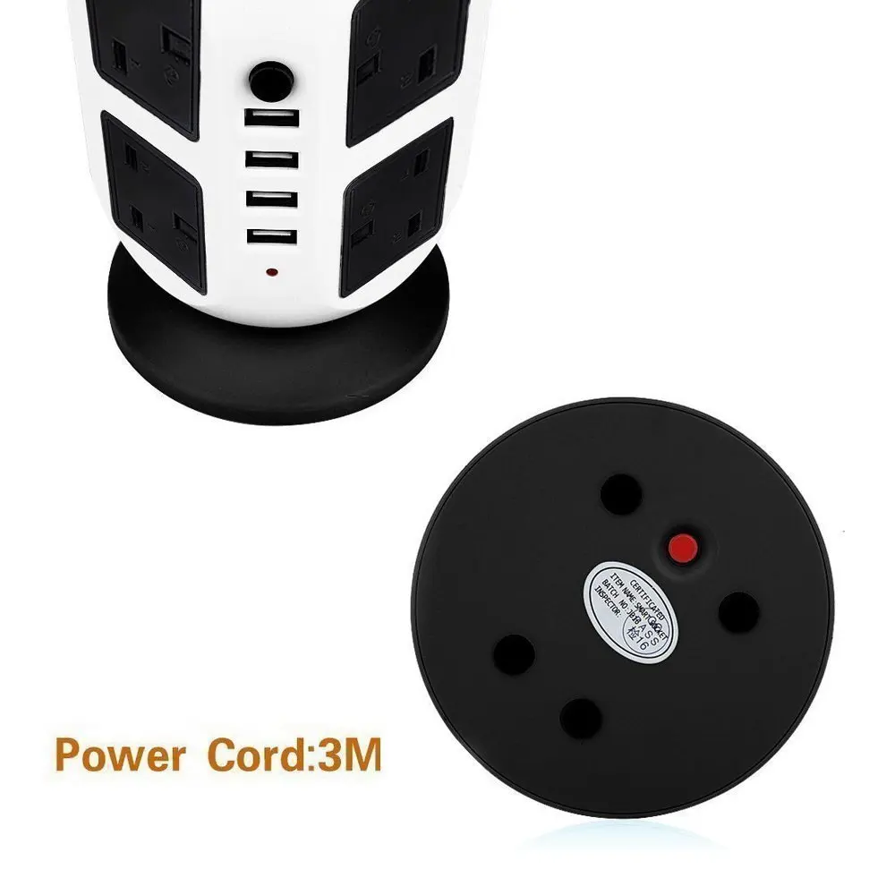 Sc0b94f27ff3940458b53e5df27d1ff0cH Tower Power Strip Vertical UK Plug Adapter Outlets 8 way AC Multi Electrical Sockets with USB Surge Protector 3m Extension Cord Mallzona