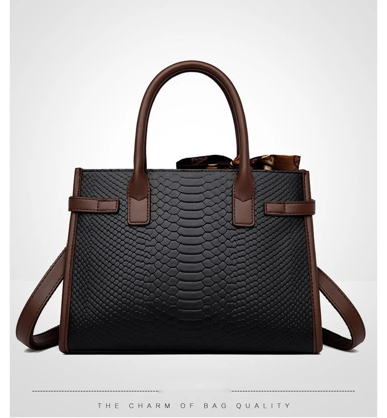 2024 New Commuter Atmosphere Women's Bag Made of Genuine Leather Embossed Snake Skin Pattern Contrast Color Briefcase Mom's Bag_voghion.com