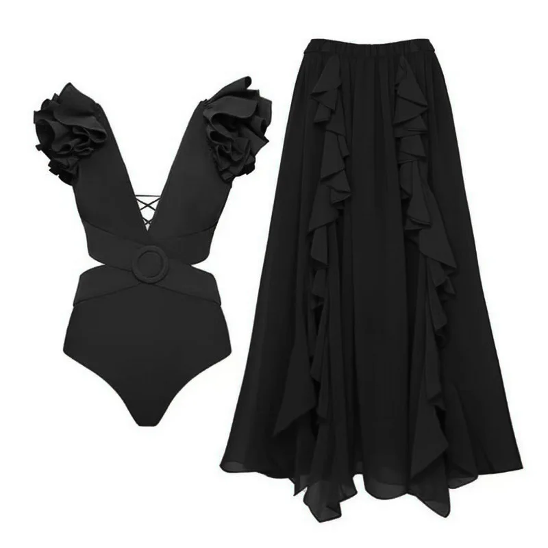 

Women's Swimsuit One-piece Swimingwear 2023 Summer Elegant Lady V-neck Bikinis Set Sexy Solid Color Cover Up Swimwear Beach Wear