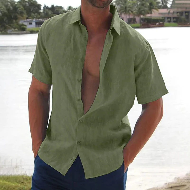 

2023 Spring Summer Short Sleeve Casual Cotton Linen Shirts Men Clothes Pure Color Turn-down Collar Buttoned Tops Men's Cardigans