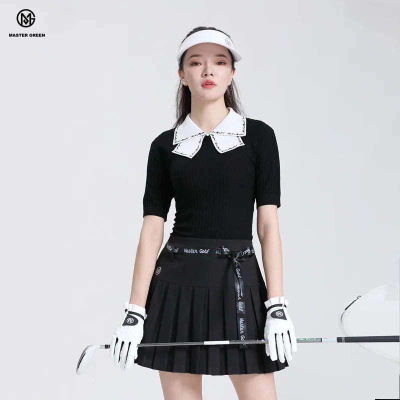 MG Golf Women's Korean Knit Tops Summer Pleated Skirt Lady Sports Short Sleeve Lapel T-Shirt Bowknot Slim Skorts Suit
