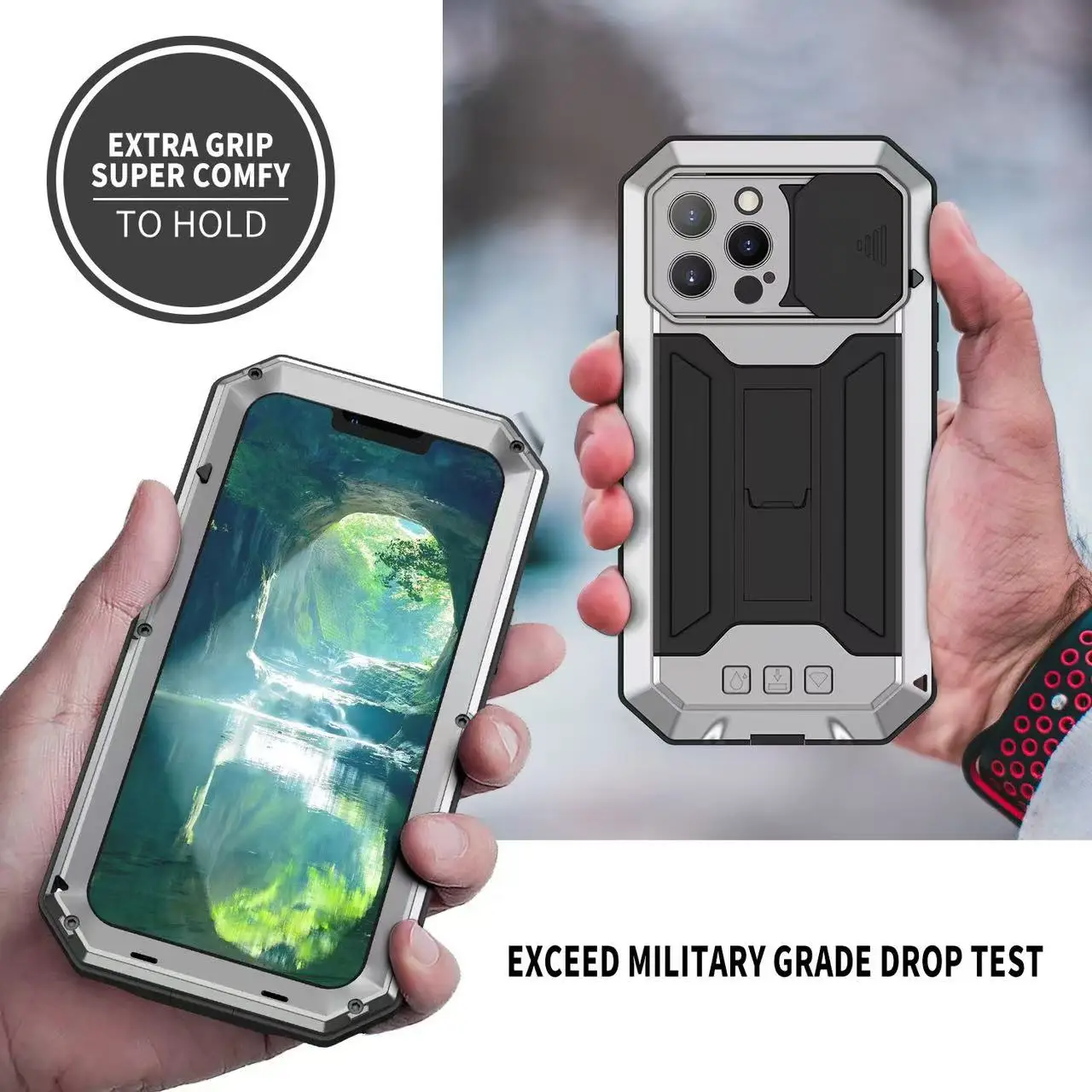 Rugged Metal Case with Slide Camera Cover & Built-in Screen Protector