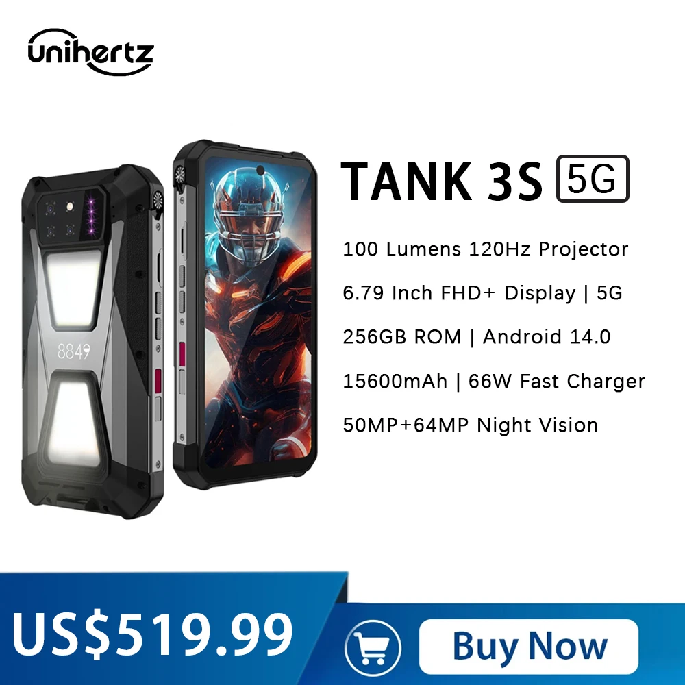 

Прочный телефон с проектором 8849 Tank 3S Unihertz, 12 Гб ОЗУ, 256 Гб ПЗУ, 15600 мАч, 64 мп, функция ночного видения, аккумулятор 66 Вт, смартфон на базе Android 14