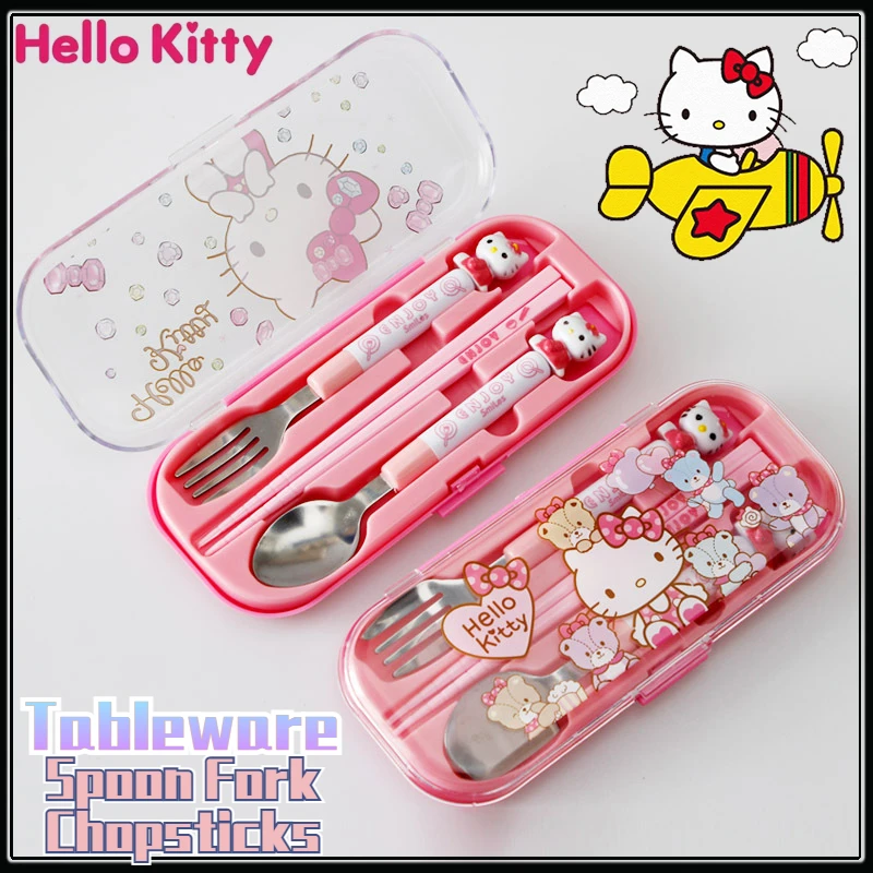 Tanie Hello Kitty Baby Tableware Cute Children's Tableware Toddler Kids Meal Metal Spoon Fork Chopsticks sklep