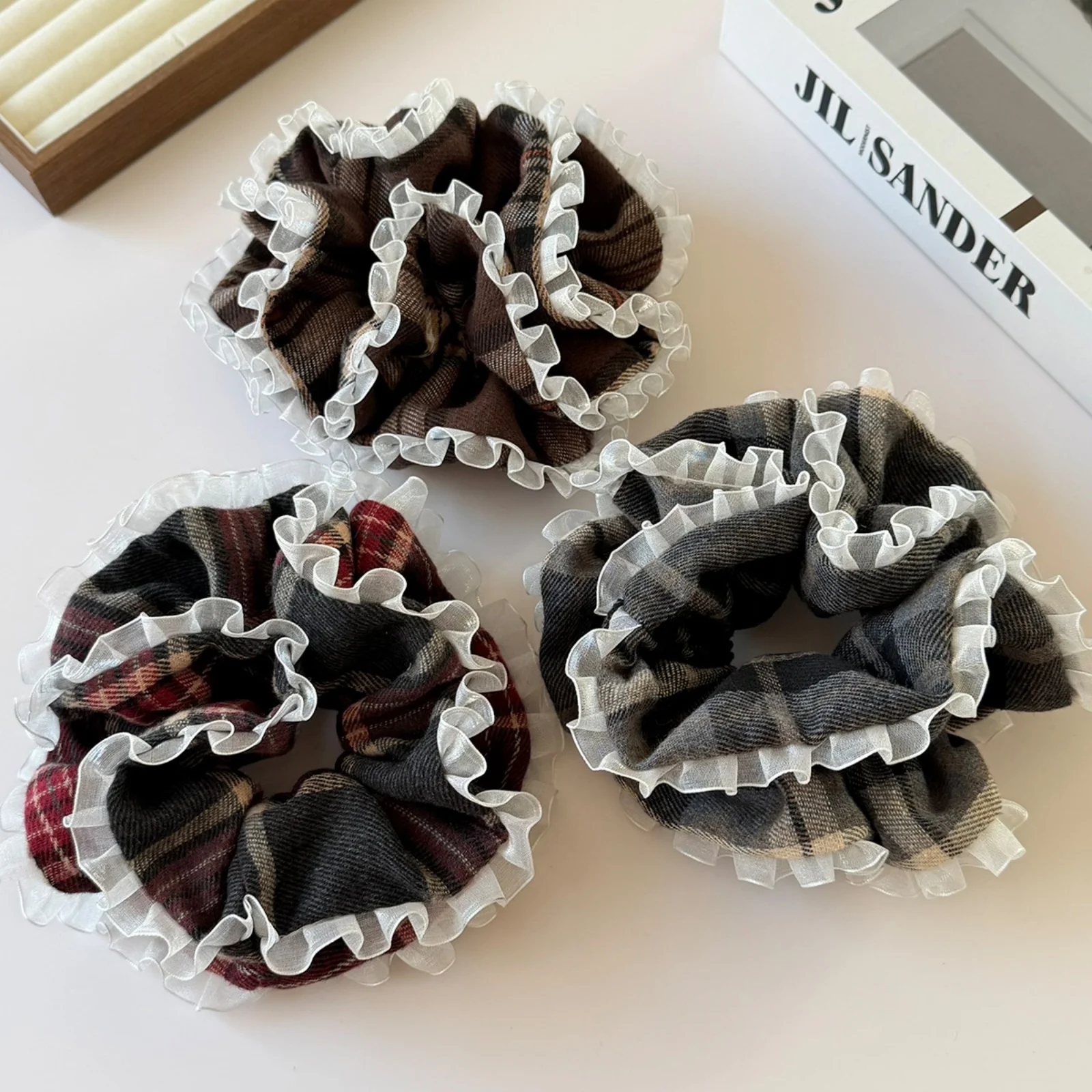 1PC Academy Style Plaid Ruffle Scrunchie,Checkered Lace Hair Ties,Stylish School Outfit Hair Accessories,Elegant Daily