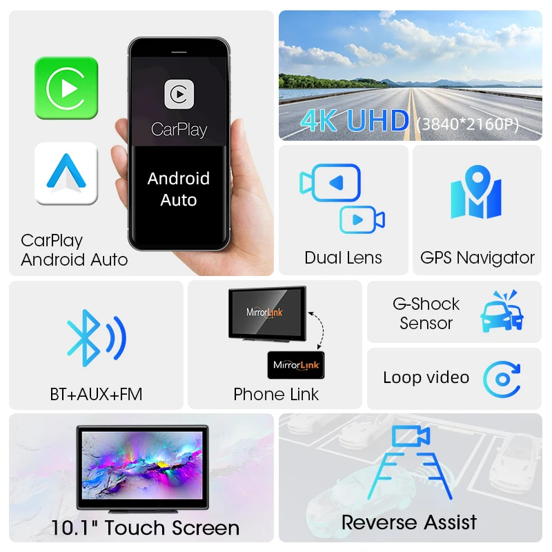 10 pollici Auto DVR 4K Macchina Fotografica Senza Fili Carplay Android Auto Dashcam Bluetooth GPS Navigazione Cruscotto Videoregistratore FM AUX - immagine 3