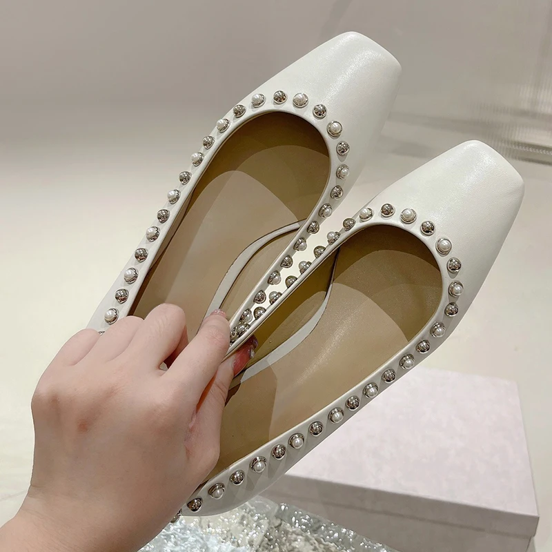 

New Vintage Square Toe Clinch Bolt Flattie Women's Leather Shallow Pearl Decoration Single Shoes Concise All-match Fashion Flats
