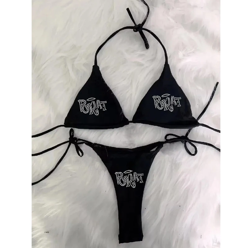 Women's Swimwear BRAT Rhinestone Sexy 2pcs Bikini Goth Nightclub Party Bar Fashion Hot Swimwear For Women Bathing Suit Y2K