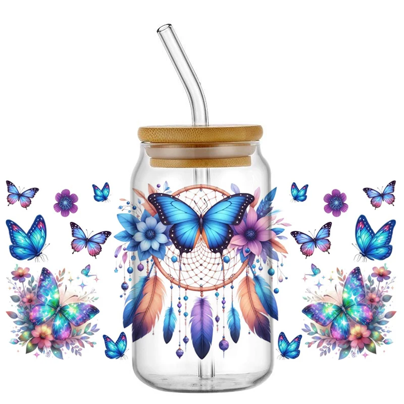 Butterfly flowers Washable Cup Transfer Sticker for 16oz Libbey Glasses DIY Waterproof UV DTF Cup Wrap