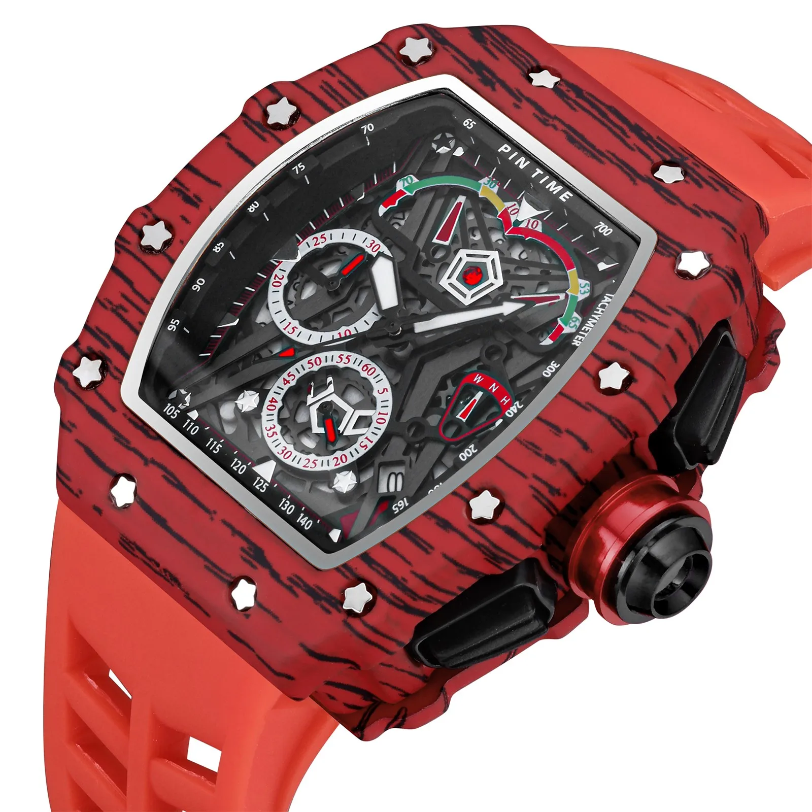 PINTIME Sport Men's Quartz Watches Chronograph Stopwatch Auto Date Red Rubber Strap Striped Case Male Luxury Brand Wristwatch