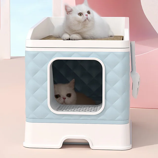 Foldable Fully Enclosed Cat Litter Box with Drawer Type Tray Pet Supplies Extra Large Anti-Splashing Cat Toilet with Scratch Pad 2