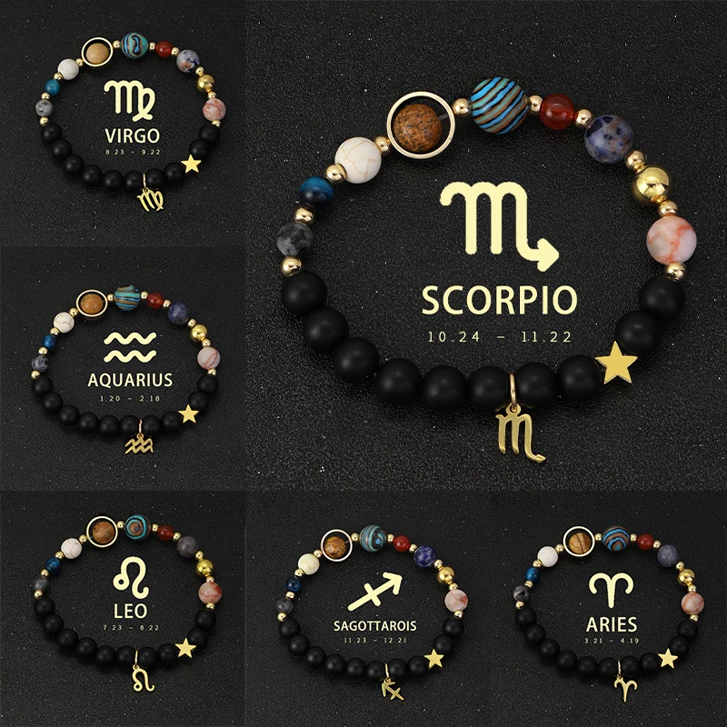 Natural Stone Solar System Eight Planets 12 Zodiac Signs Crystal Stone Bracelet Birthday Gift Zodiac Charm Bracelet Libra Leo 1