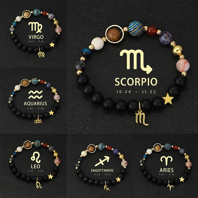 Natural Stone Solar System Eight Planets 12 Zodiac Signs Crystal Stone Bracelet Birthday Gift Zodiac Charm Bracelet Libra Leo 1