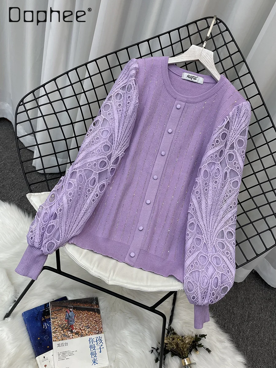 

Fashion Purple Knit Shirt Women Clothes Retro Three-Dimensional Rhinestone Long Lantern Sleeve Lace Stitching O Neck Sweater Top