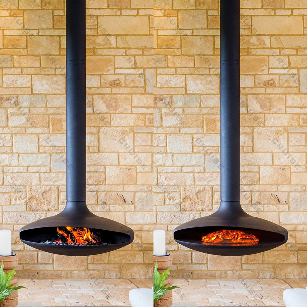 CRUISE Led Fireplace Modern Hanging Fireplace Indoor Hanging Simulation Wood Burn 600mm Suspended Bioethanol
