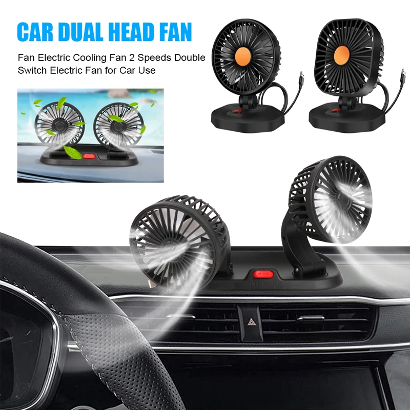 

Car Cooling Fan 360° Adjustable Dual Head Cooling Air Fan Brushless Motor Low Noise Automobile Vehicle Fan Micro USB for Car Use