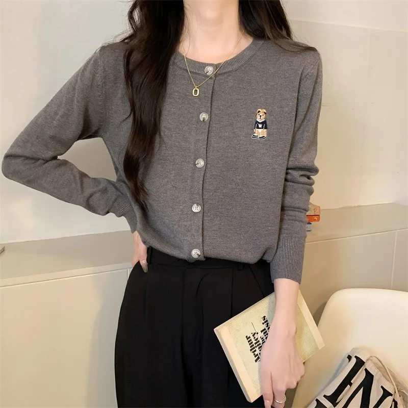Spring Autumn Women's Knitted Cardigan Korean Single Breasted Long Sleeve Jumper Woman Chic Round Neck Cardigans Outwear