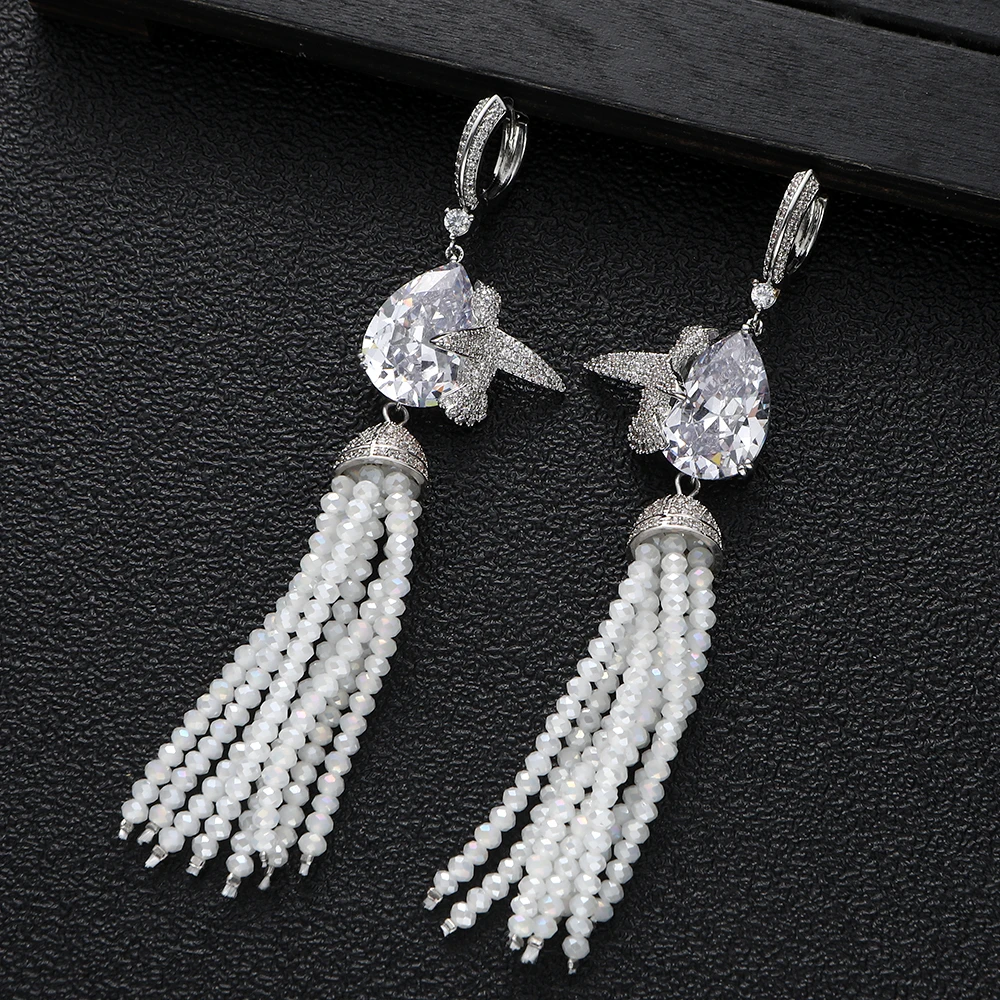 

Luxury Bird Type Long White Crystal Tassel Earring For Women Cubic Zirconia Dubai Bridal Earrings Jewelry Party A0028