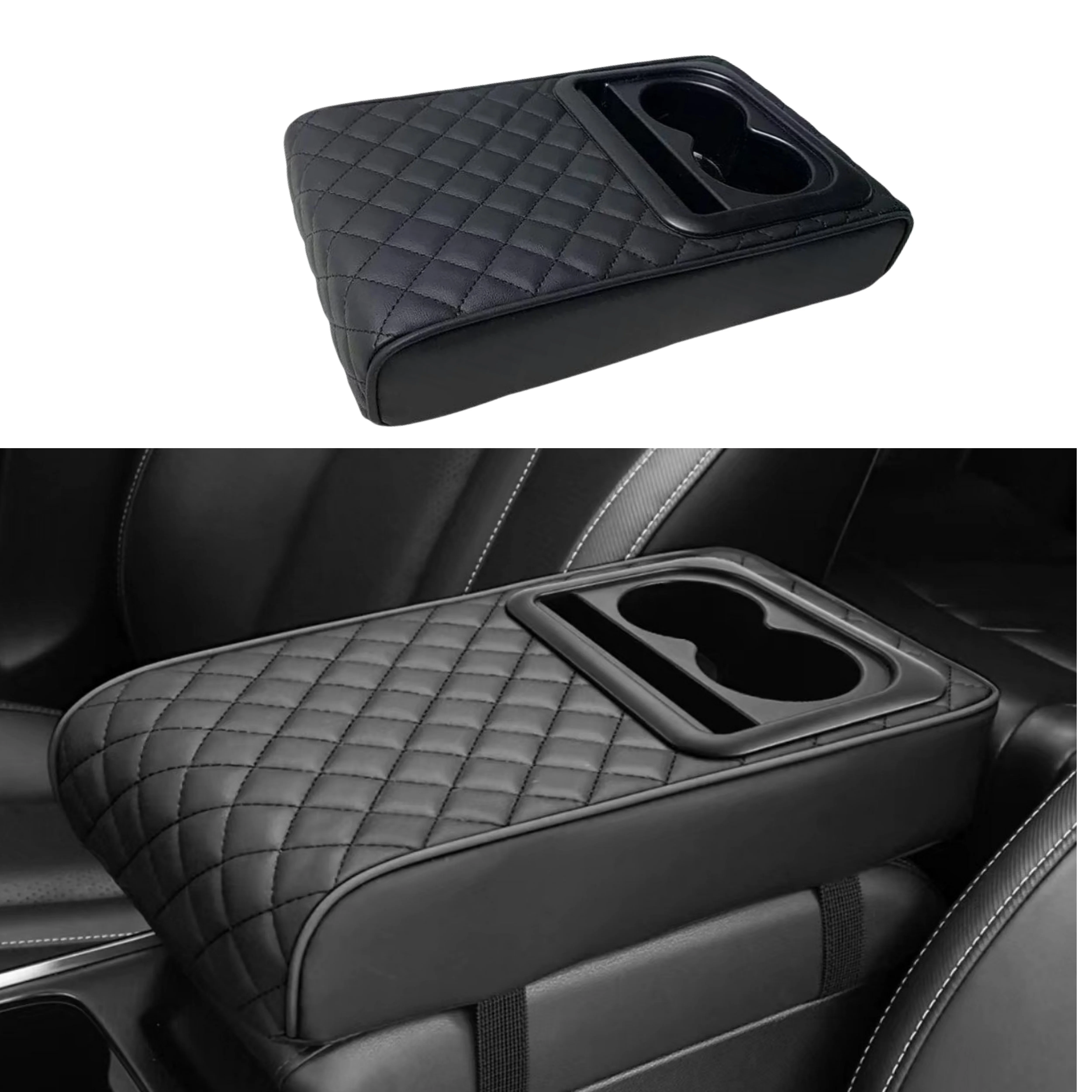 Car Armrest Console Extender with 2 Cup Holders Heightening Pad PU ...