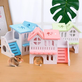 Casa per criceti Giocattolo per animali domestici Nascondiglio per piccoli animali Casa in legno per criceti 2 strati con design a scala Capanna in legno Gioca a giocattoli