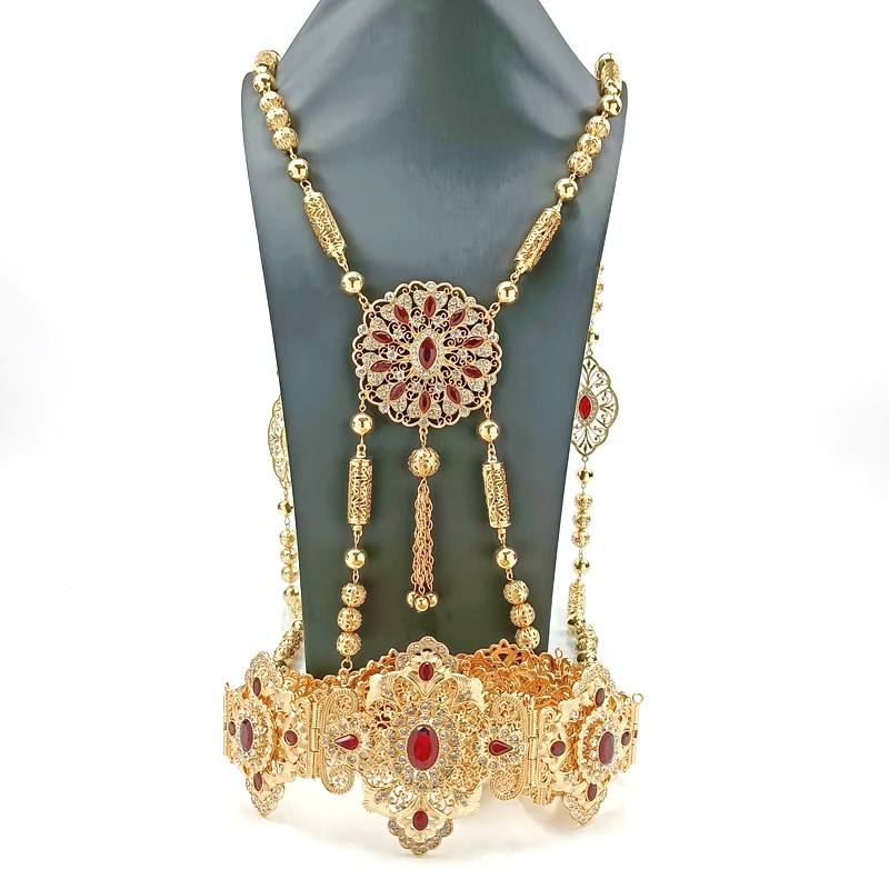

Moroccan Wedding Jewelry Set Bridal Belt Gold Plated Pendant Metal Bead Necklace Women's Body Chain Chest and Shoulders Chain