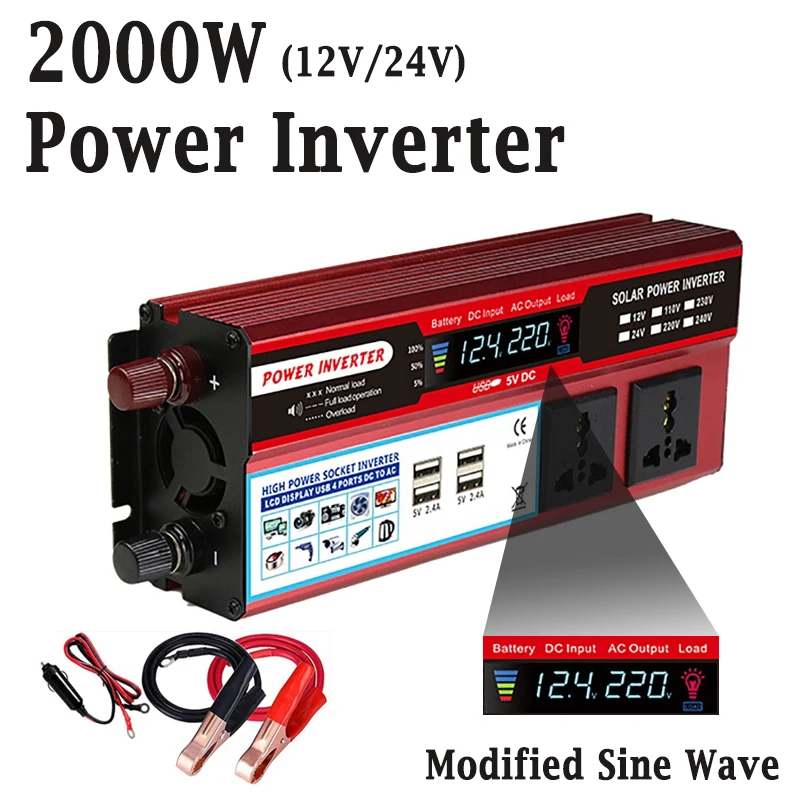 

Peak 2000W Power Inverter 12V/24V Modified Sine Wave Car Home Appliances Electronic Voltage Converter 4 USB Ports LCD Display