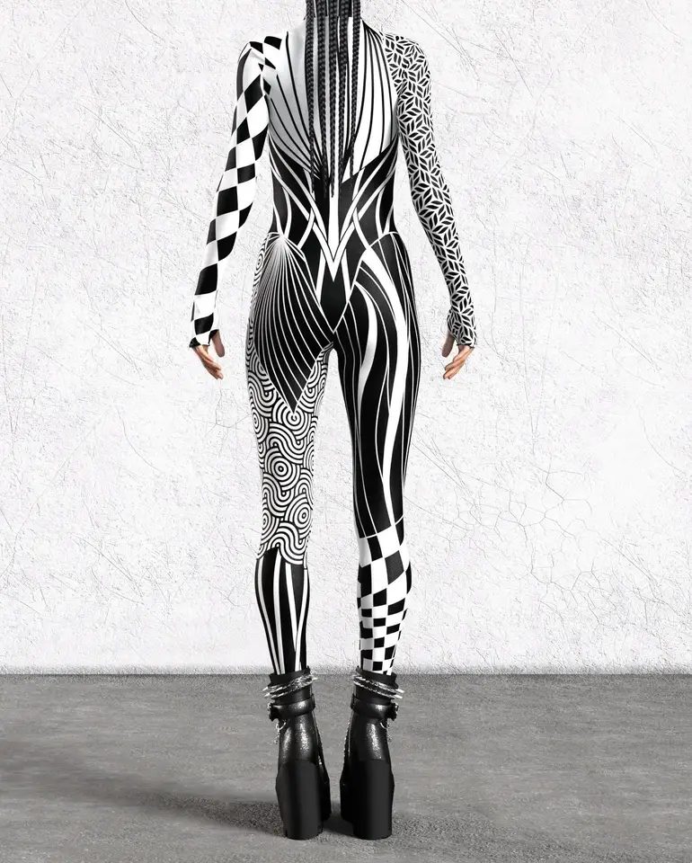 Black White Irregular Cyber Art Stripe Jumpsuit Holiday Party