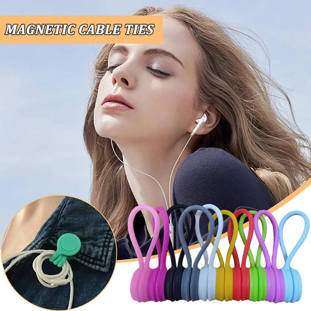 3/10Pcs Ear Mounted Magnetic Winding Device Multicolor Silicone Cable Ties Wires Organizer Cord Home Winders Protect Data Cable