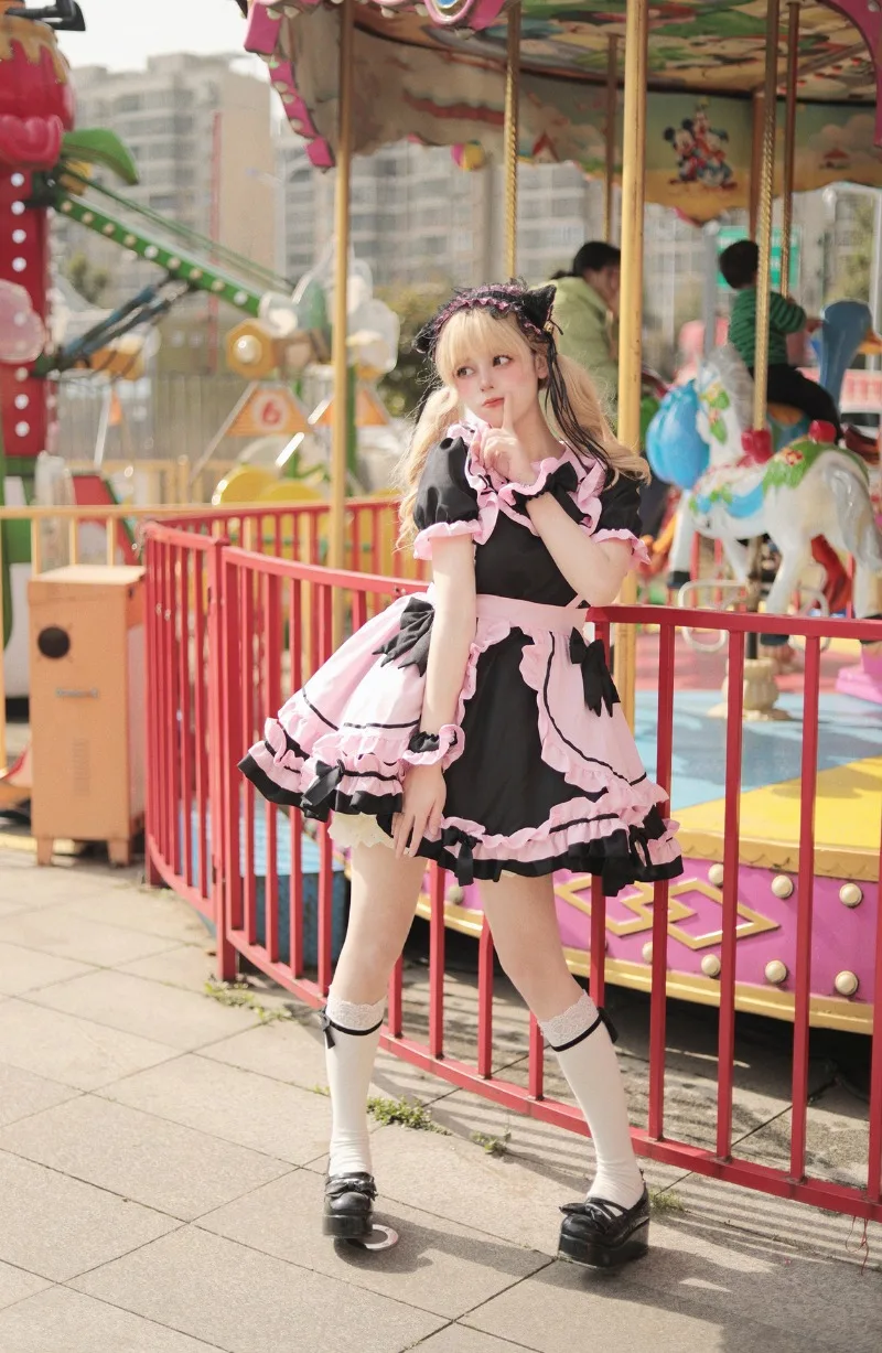 Anime Gothic Lolita JSK Kleid Kurzarm Kawaii Bow Maid Cosplay Harajuku Cute Pink Black 17